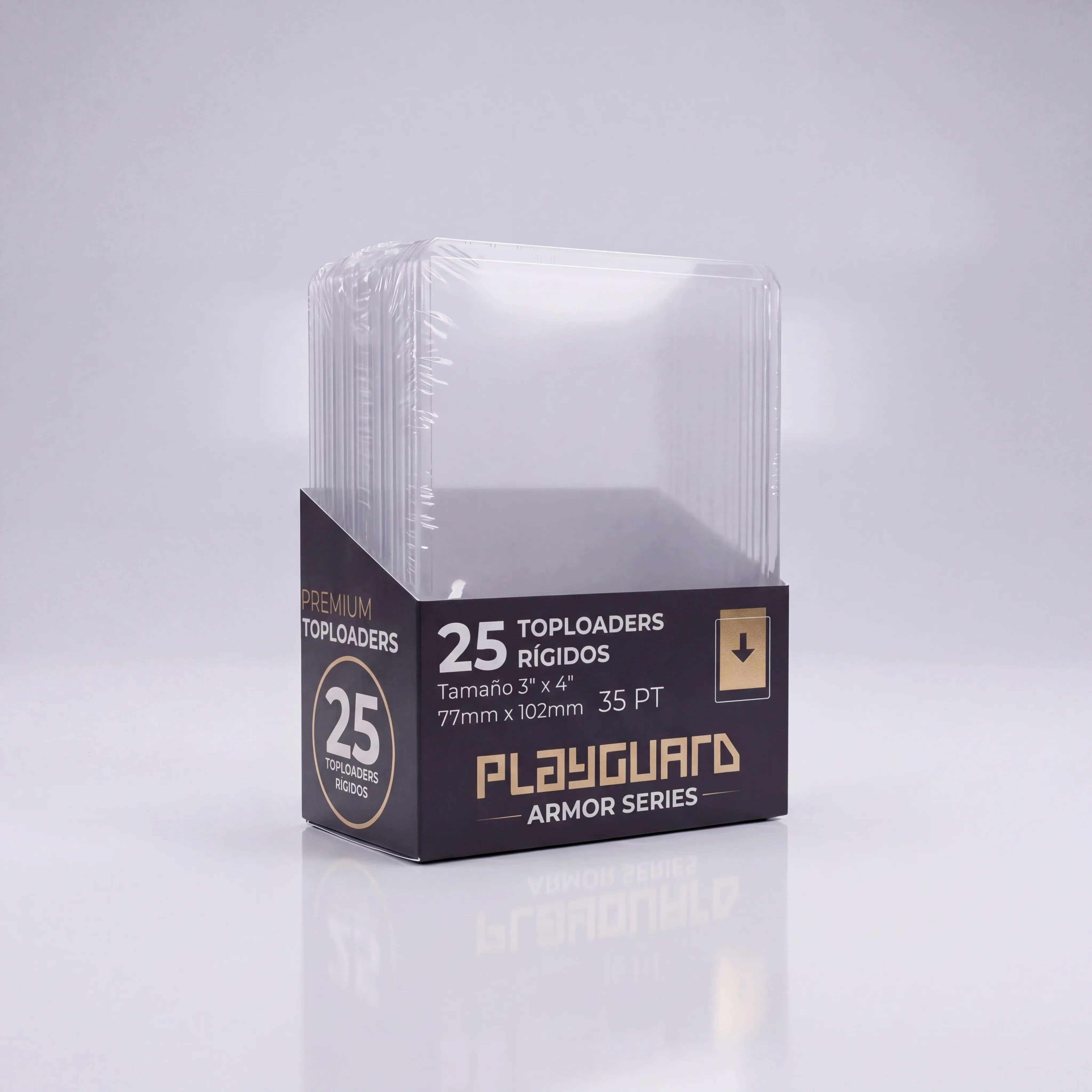 Toploaders rígidos PlayGuard Armor Series 35 PT pack 25 unidades 77×102mm — protección para cartas TCG y grading PSA