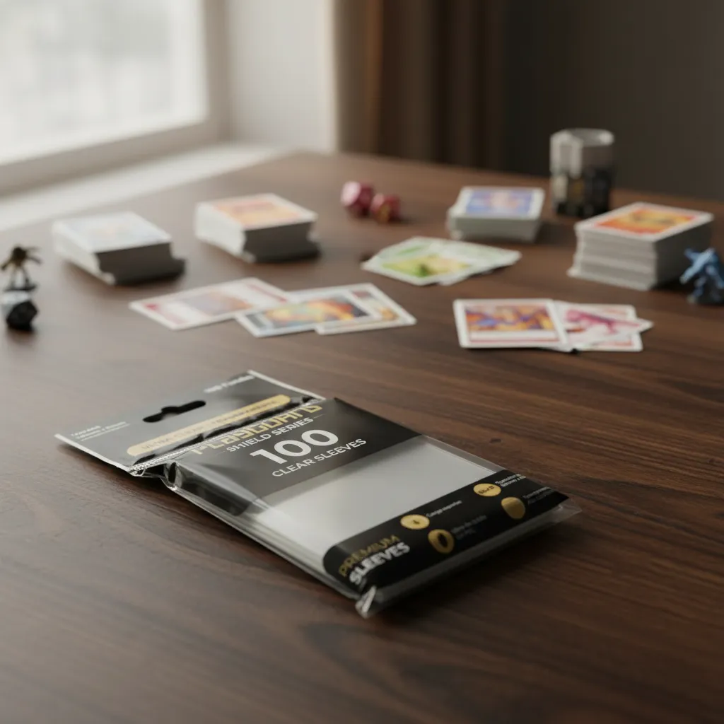 Ultra Clear Sleeves PlayGuard Shield Series en uso — lifestyle con cartas sobre mesa de madera