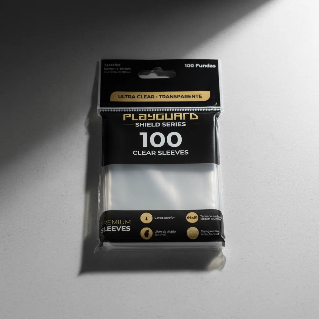 Ultra Clear Sleeves PlayGuard Shield Series — empaque con iluminación dramática